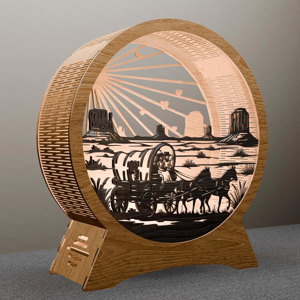 Western Covered Wagon Laser Cut SVG, Pioneer Sunset 3D Layered Light Box Digital File, Monument Valley Lamp Glowforge
