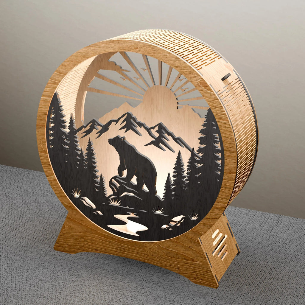Bear Mountain Sunrise Round Lamp SVG Laser Cut Files, 3D Layered Wildlife Night Light DXF, Glowforge Wood Lamp Template