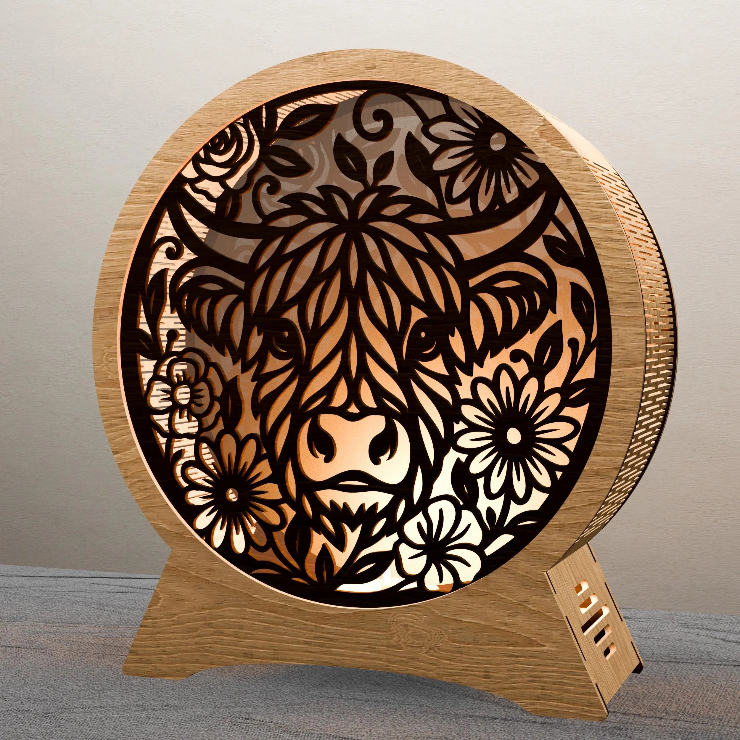 Highland Cow Mandala Lamp SVG Laser Cut Files, 3D Floral Bull Night Light Multilayer Vector, Glowforge Cricut Digital Download