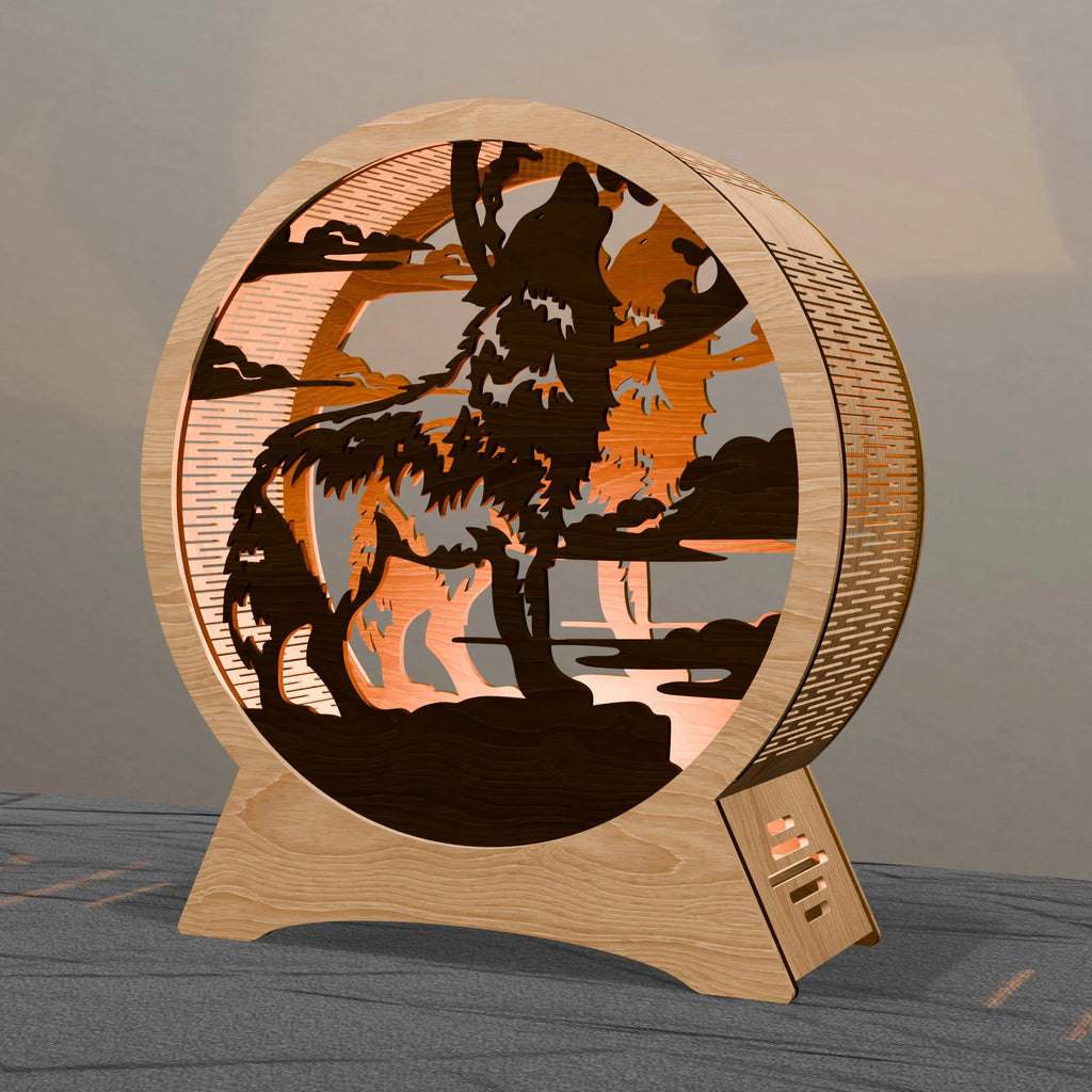 Howling Wolf Multilayer 3D SVG Laser Cut File, Round Wolf Moon Night Light Lamp, Glowforge Cricut Digital Download