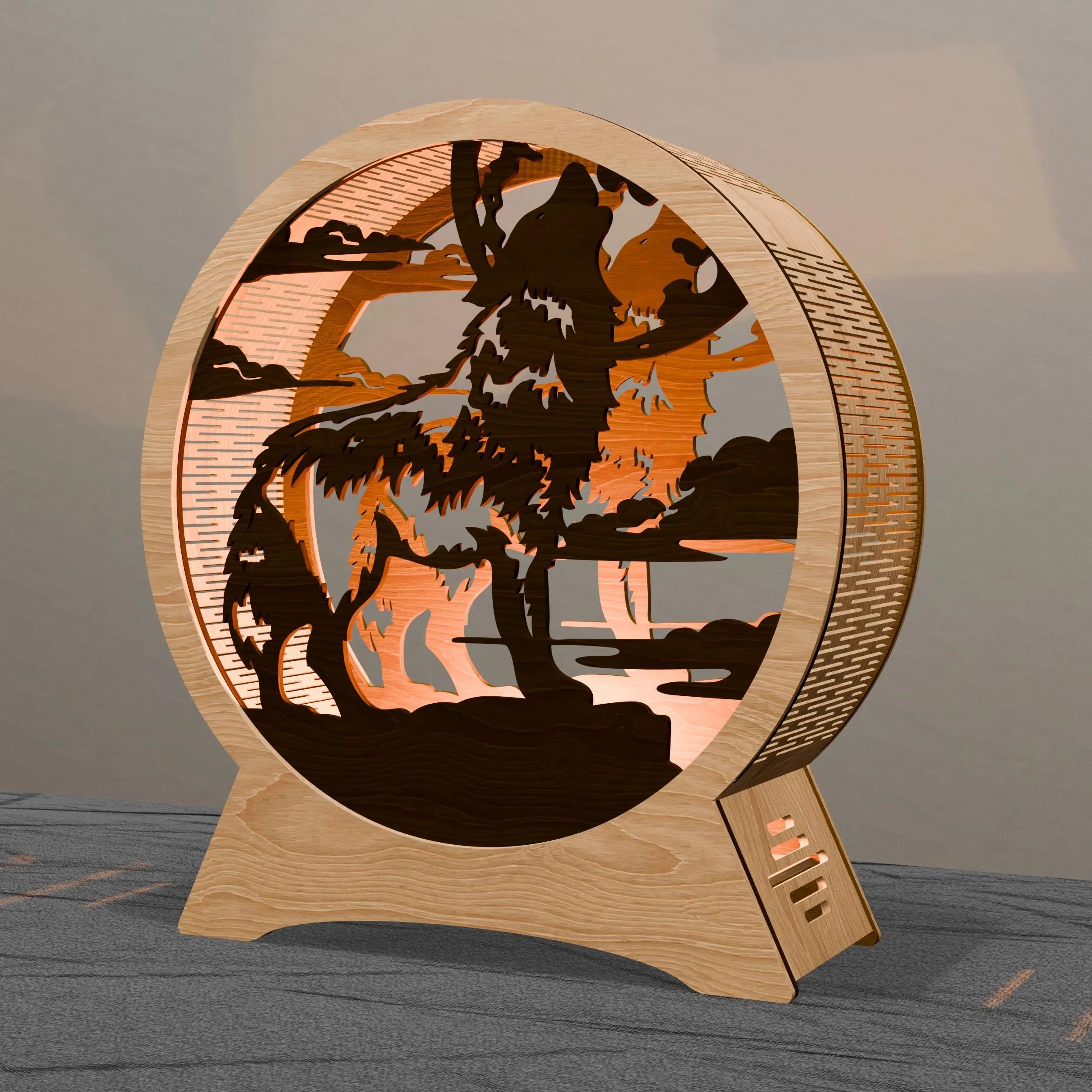 Howling Wolf Multilayer 3D SVG Laser Cut File, Round Wolf Moon Night Light Lamp, Glowforge Cricut Digital Download