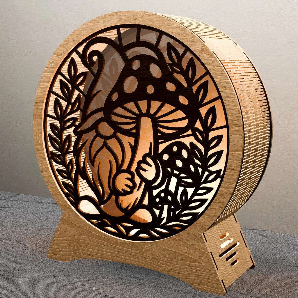 Gnome Mushroom Lantern Laser Cut File, 3D Round Wooden Night Light SVG, Multilayer Mandala Light Box Digital Download for Glowforge