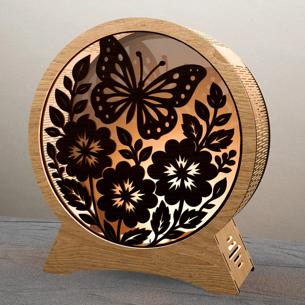 Butterfly Floral Round Light Box SVG Laser Cut File, 3D Layered Mandala Night Lamp, Glowforge Shadow Box Digital Download