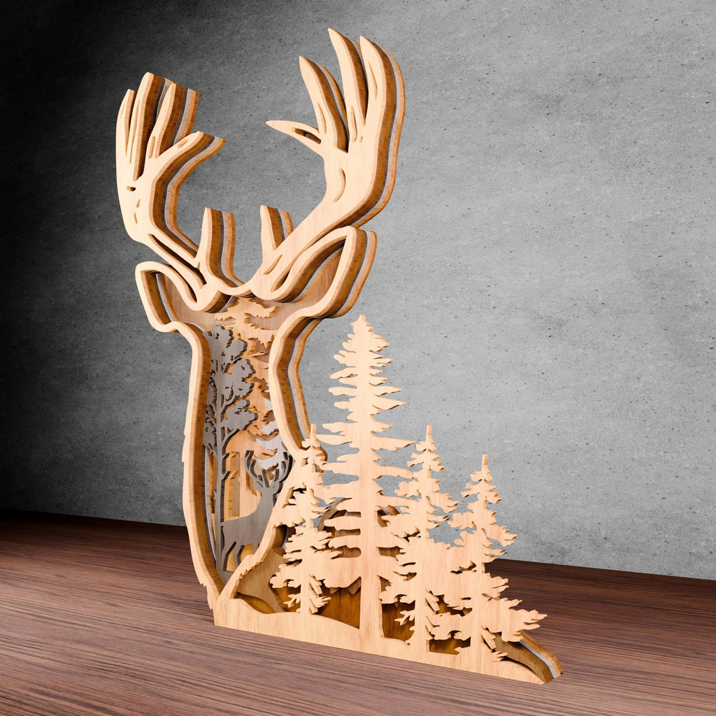 Multilayer Deer Forest Scene Laser Cut File, 3D Layered Stag SVG, Woodland Buck Wall Art, Glowforge DXF CDR Digital Download