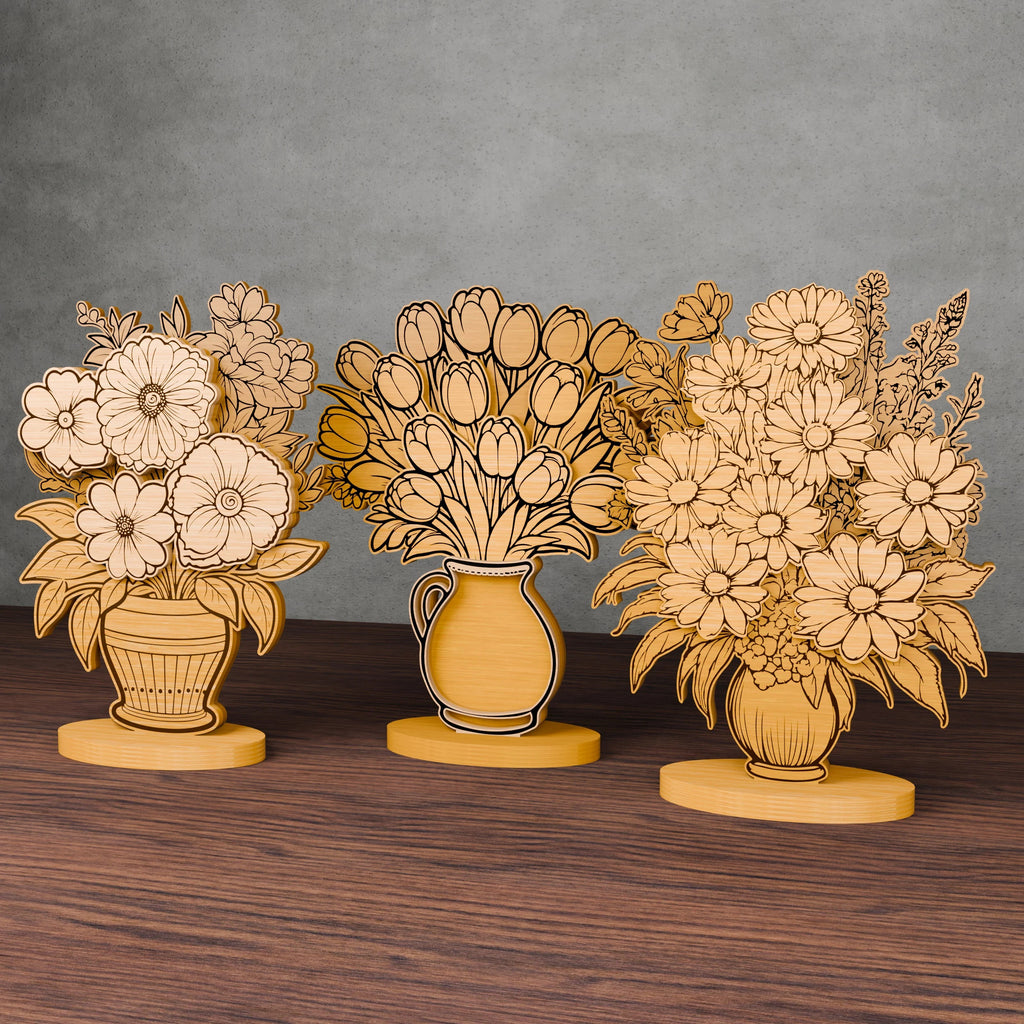 Flower Vase Bouquet Laser Cut SVG Bundle, Multilayer 3D Floral Centerpiece, Tulip Daisy Zinnia Files for Glowforge Cricut