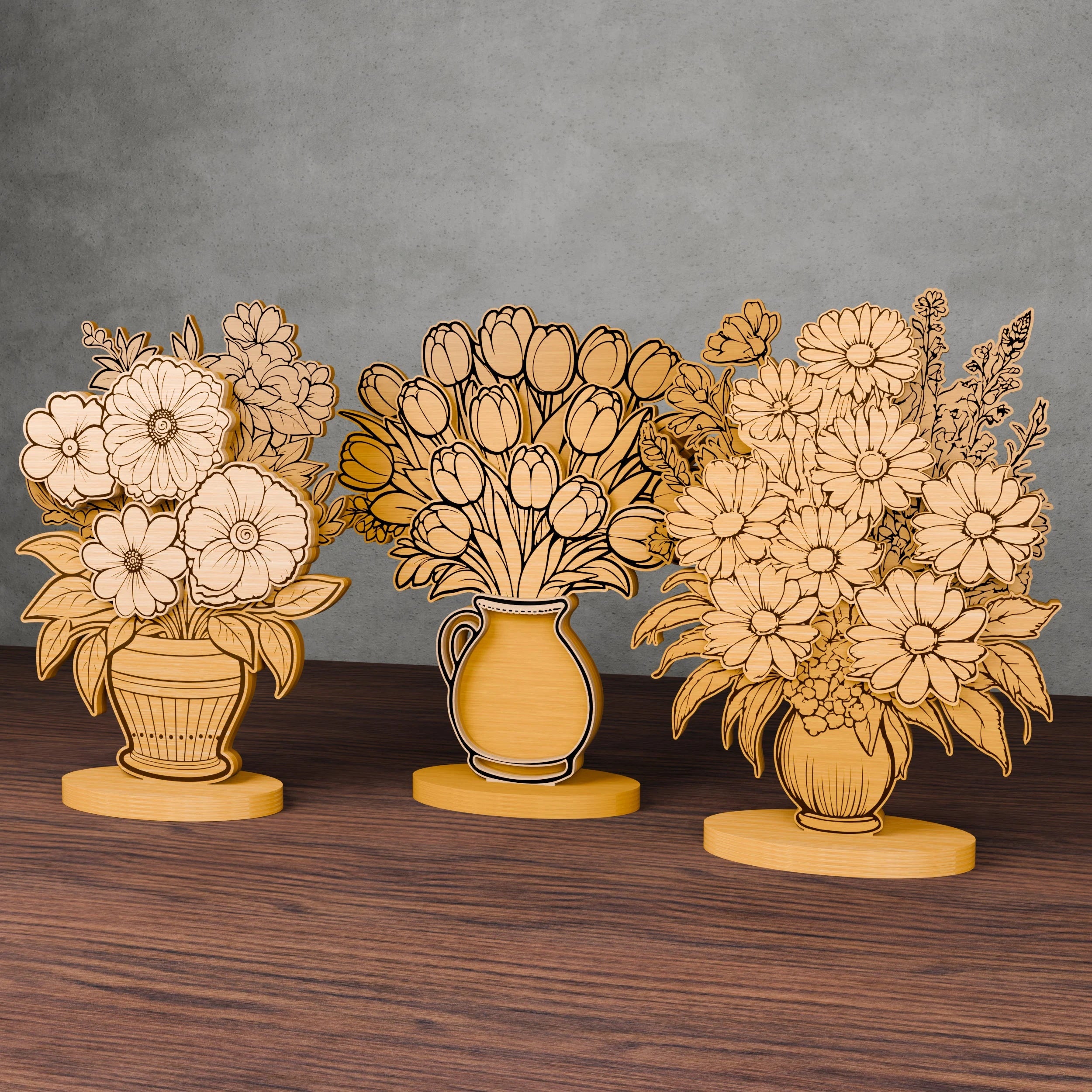 Flower Vase Bouquet Laser Cut SVG Bundle, Multilayer 3D Floral Centerpiece, Tulip Daisy Zinnia Files for Glowforge Cricut