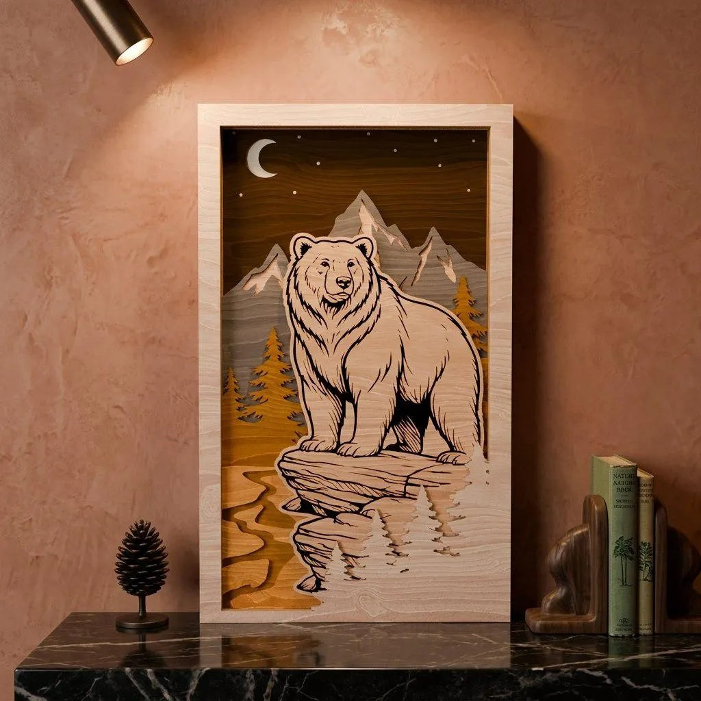 Bear Mountain 3D Layered SVG Laser Cut File, Multilayer Grizzly Shadow Box Wood Wall Art, Glowforge Cricut Digital Download