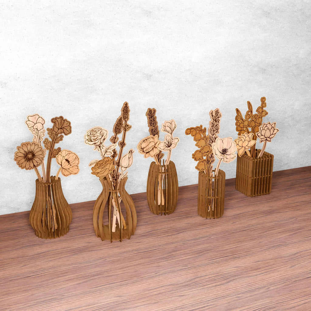 Laser Cut Wooden Flower Vase Bundle SVG, Floral Bouquet Vase Laser Files, Glowforge Cricut Digital Download, Home Decor SVG