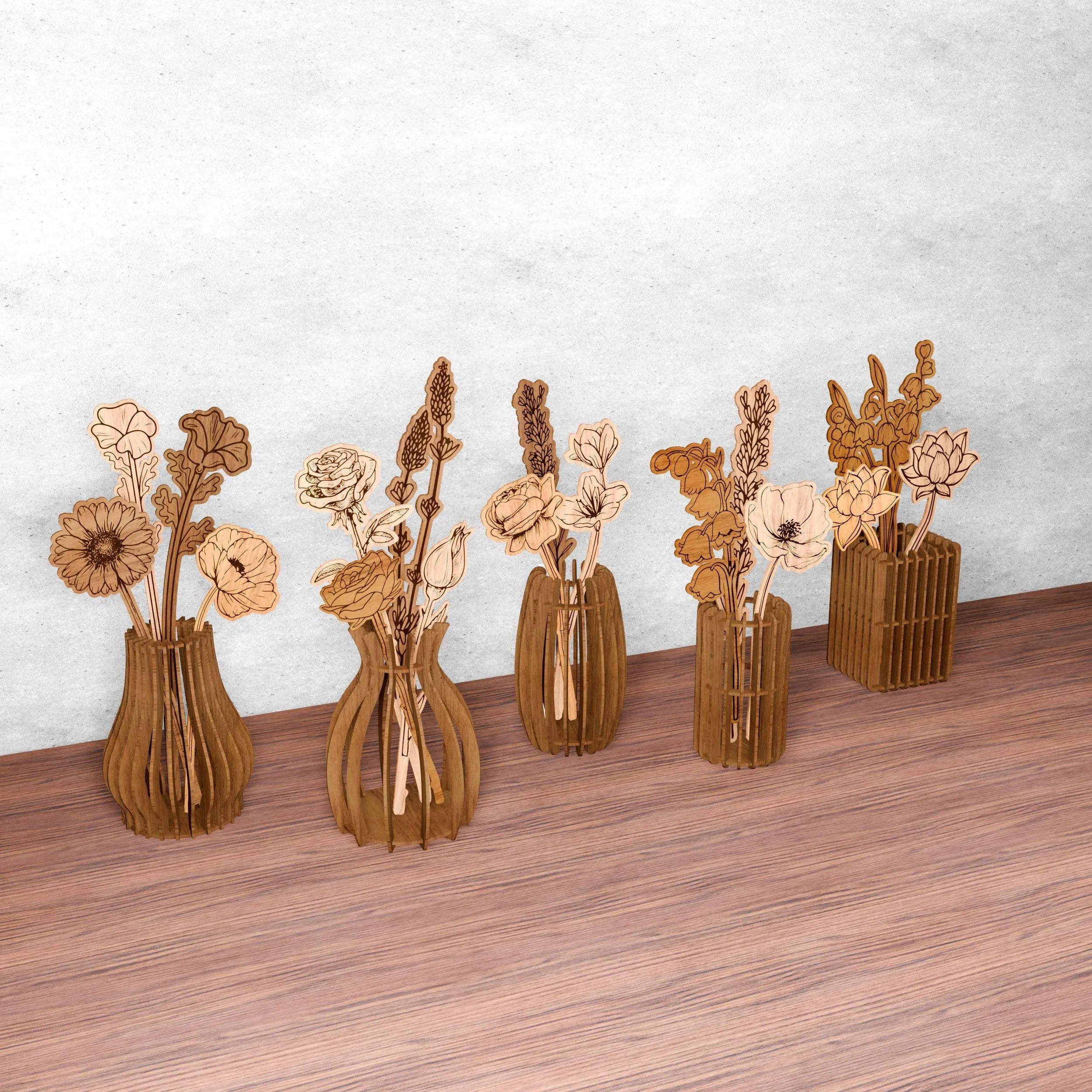 Laser Cut Wooden Flower Vase Bundle SVG, Floral Bouquet Vase Laser Files, Glowforge Cricut Digital Download, Home Decor SVG