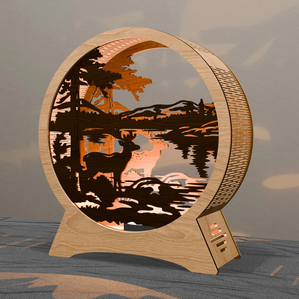 Deer Lake Sunset Multilayer Lamp SVG Laser Cut Files, 3D Layered Wildlife Scene Light Box Digital Download for Glowforge