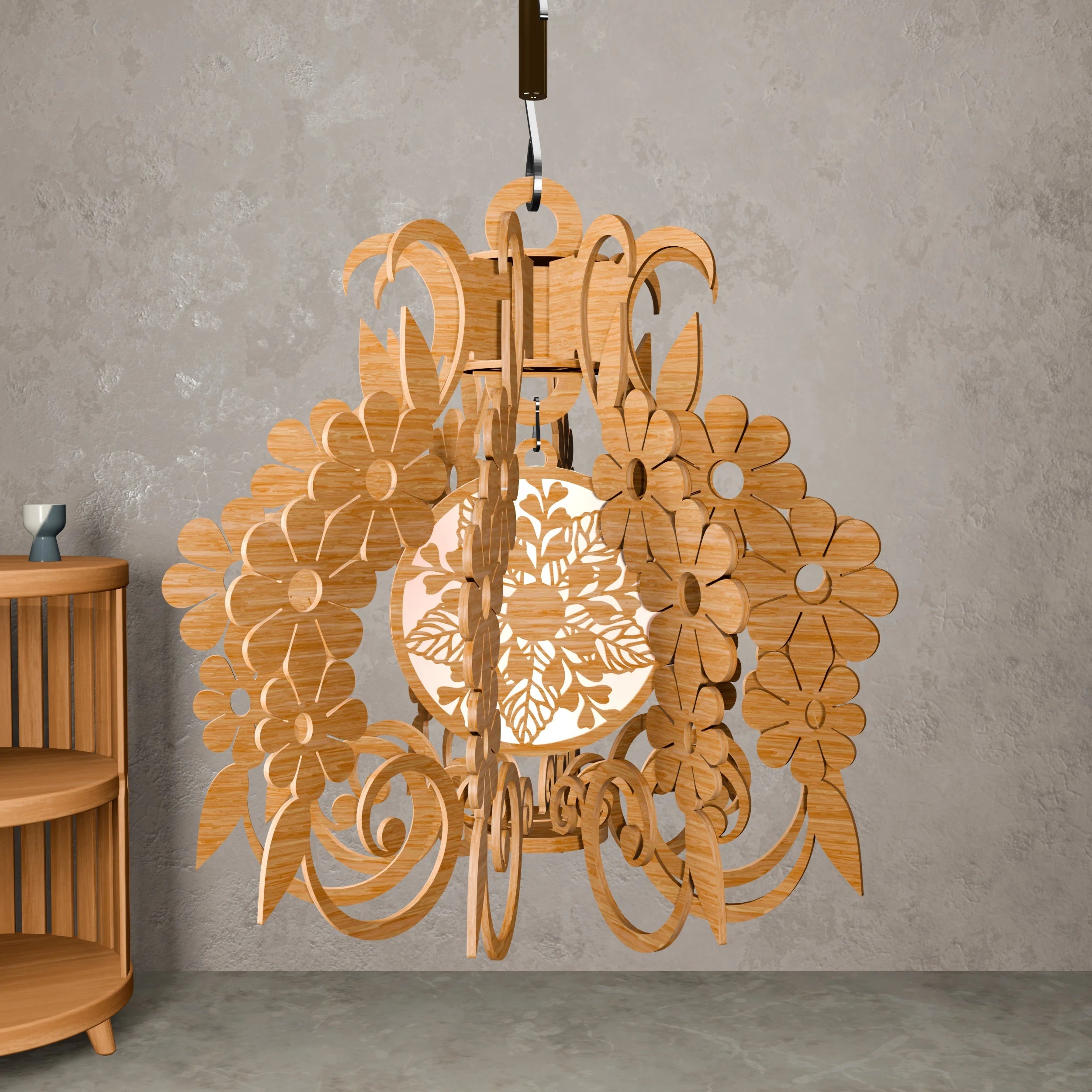 Floral Pendant Lamp Laser Cut Files, Bohemian Wooden Chandelier SVG DXF, Hanging Flower Light Shade Digital Download for CNC Glowforge
