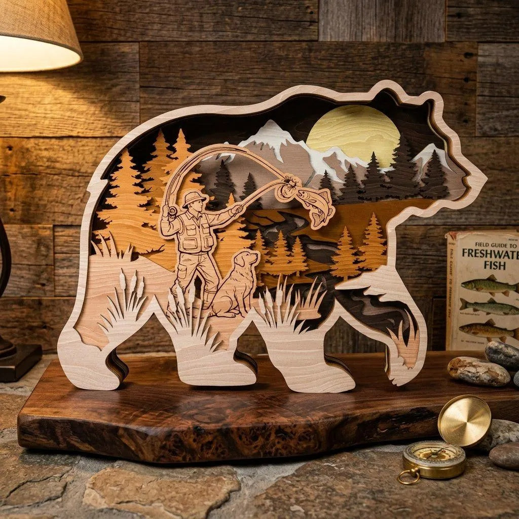Bear Fly Fishing SVG Laser Cut File, 3D Multilayer Bear Fisherman Mountain Scene, Glowforge Wood Wall Art Cnc Cricut