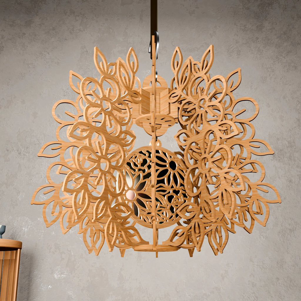 Floral Pendant Lamp SVG Laser Cut Files, 3D Wooden Chandelier Bohemian Flower Light Fixture Digital Download, Glowforge DXF CDR