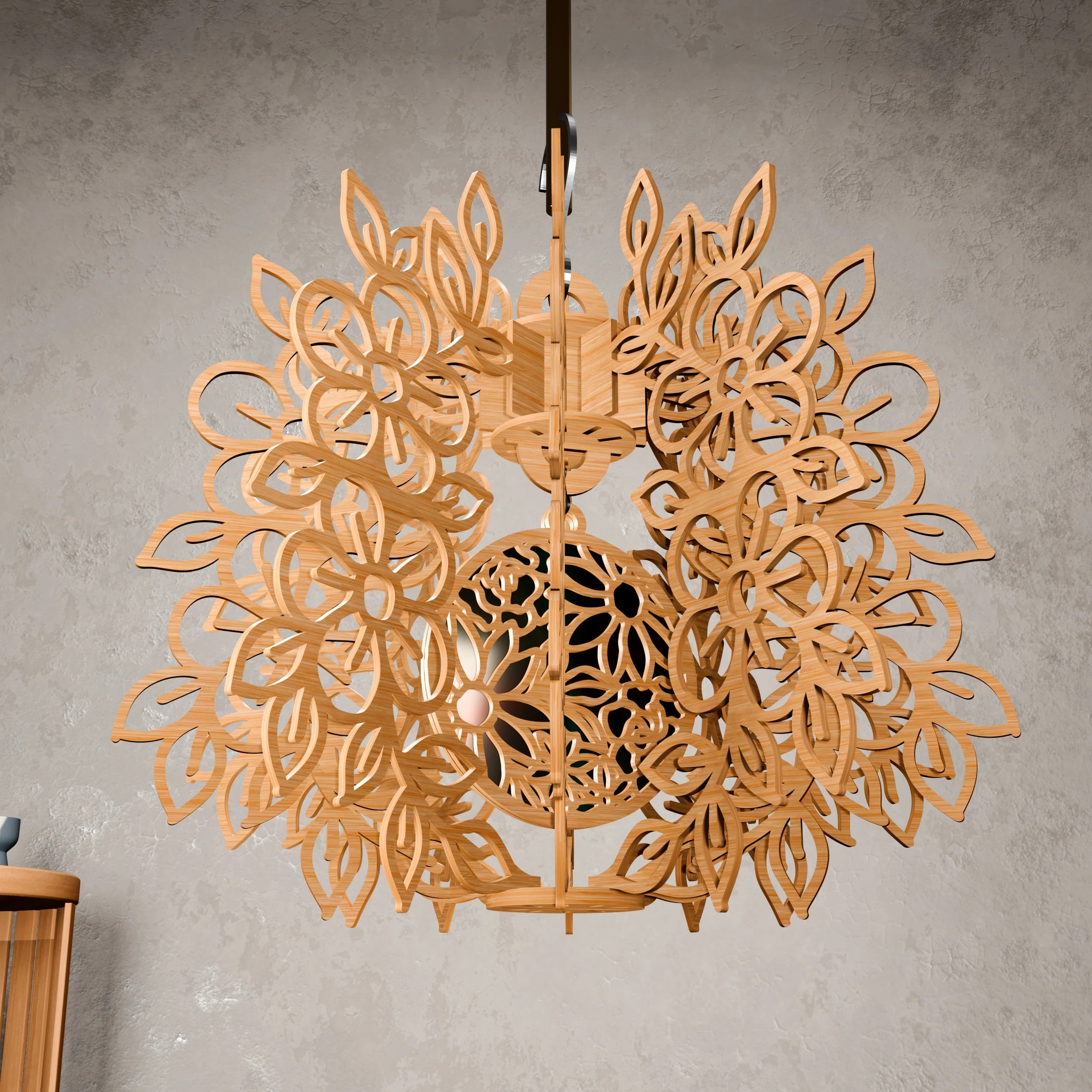 Floral Pendant Lamp SVG Laser Cut Files, 3D Wooden Chandelier Bohemian Flower Light Fixture Digital Download, Glowforge DXF CDR