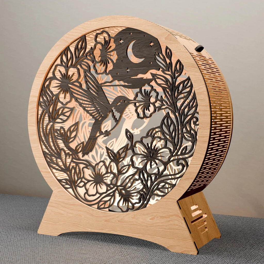 Hummingbird Floral Moon Lamp SVG Laser Cut File, 3D Multilayer Round Night Light Vector, Glowforge Digital Download