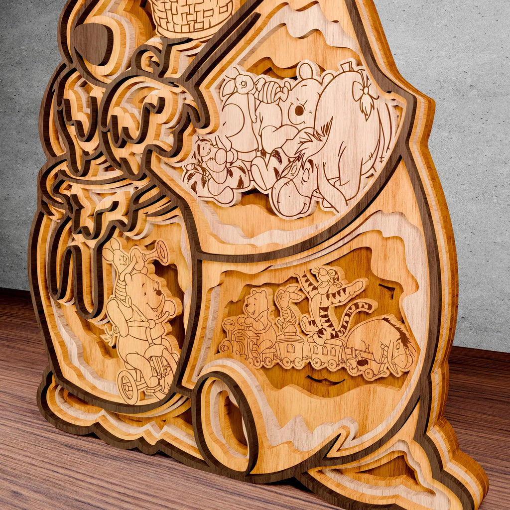 Honey Pot Bear Multilayer Laser Cut SVG, Cute Bear Tiger Piglet & Friends 3D Layered Wood Art, Glowforge Nursery Decor Digital Download