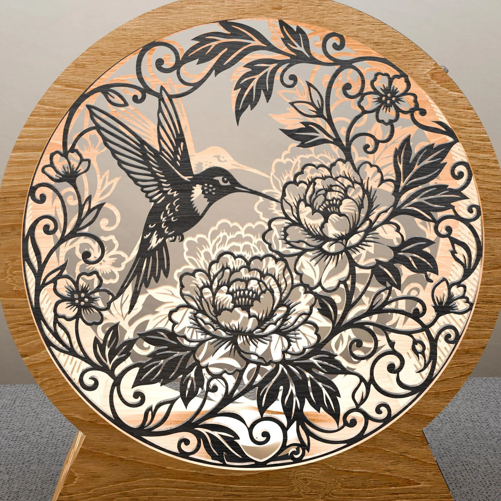 Hummingbird Peony Round Lamp SVG Laser Cut File, 3D Layered Floral Night Light, Glowforge Cricut Wood Lantern Digital Download