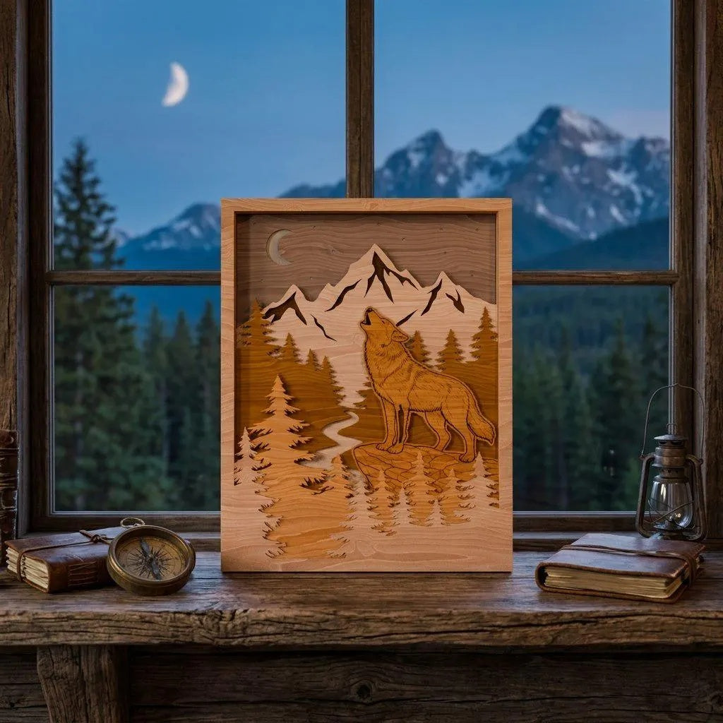 Howling Wolf Mountain Multilayer SVG Laser Cut File, 3D Layered Wolf Forest Shadow Box SVG, Glowforge Wood Wall Art Digital Download