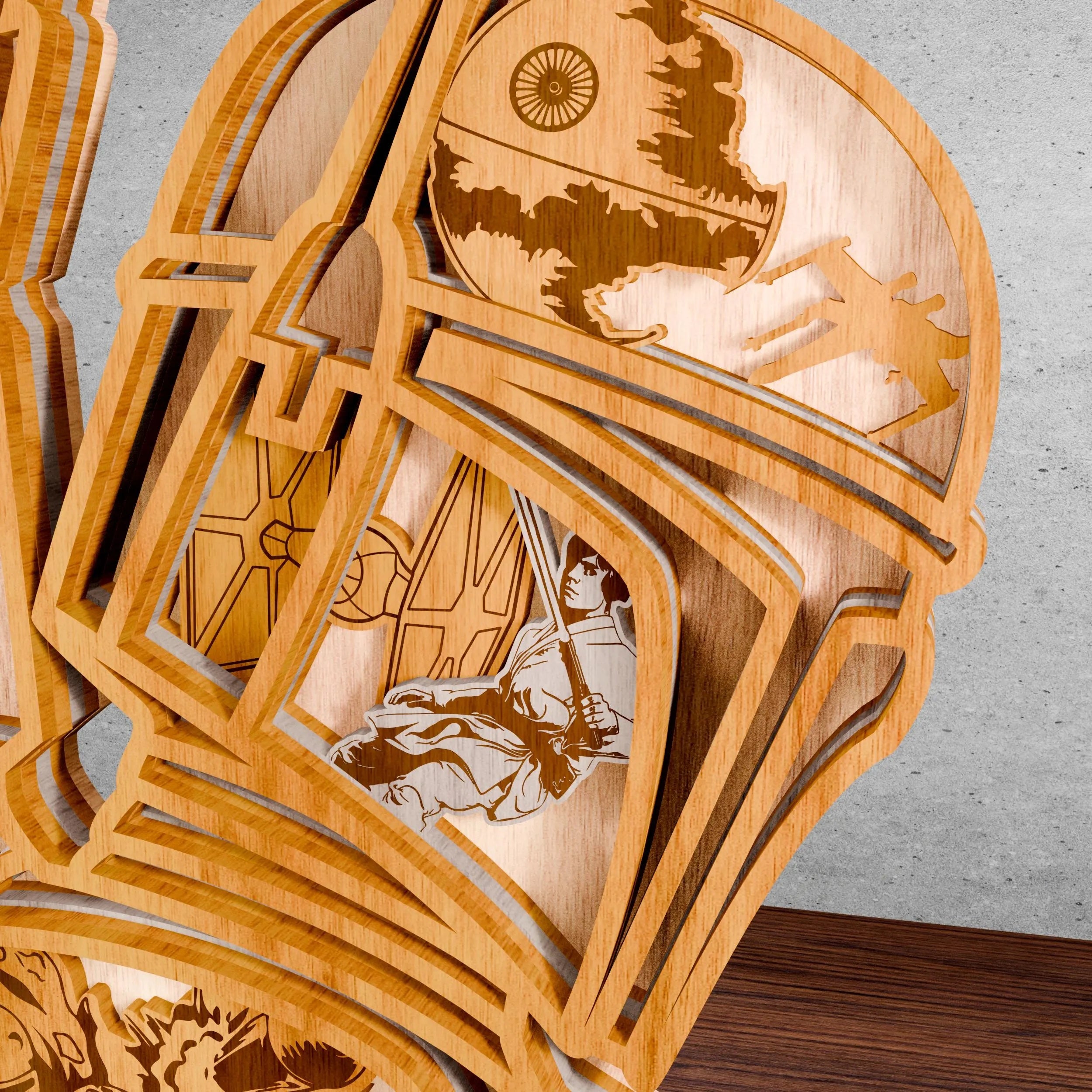 Bounty Hunter Helmet Multilayer Laser Cut SVG, Sci-Fi Space Warrior Battle 3D Layered Wood Art, Glowforge Galaxy Decor Digital Download