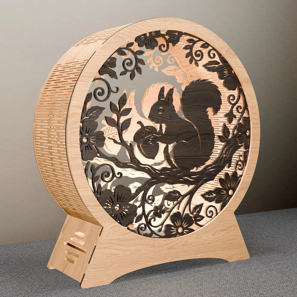 Squirrel Light Box SVG Laser Cut Files, 3D Round Wooden Night Lamp, Floral Forest Animal Shadow Box Digital Download for Glowforge