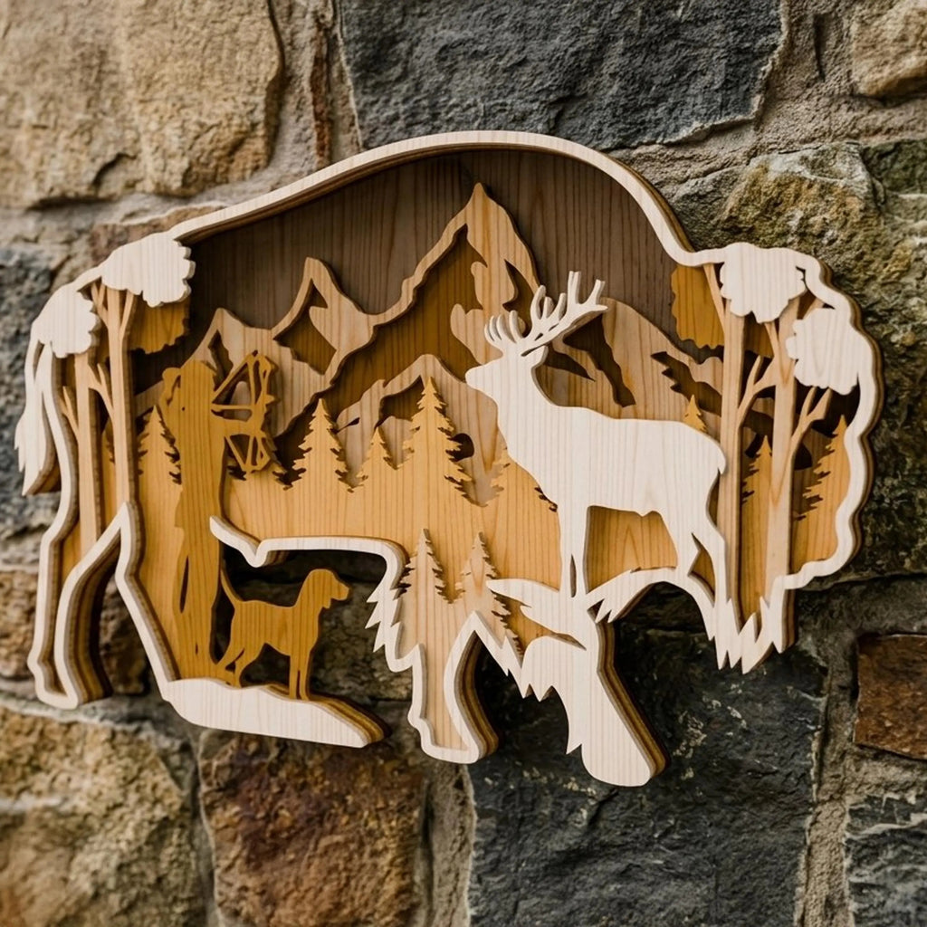 Bison Hunter Scene Laser Cut Files SVG Bundle, Multilayer 3D Buffalo Hunting Wall Art, Deer Dog Mountain Forest DXF CDR