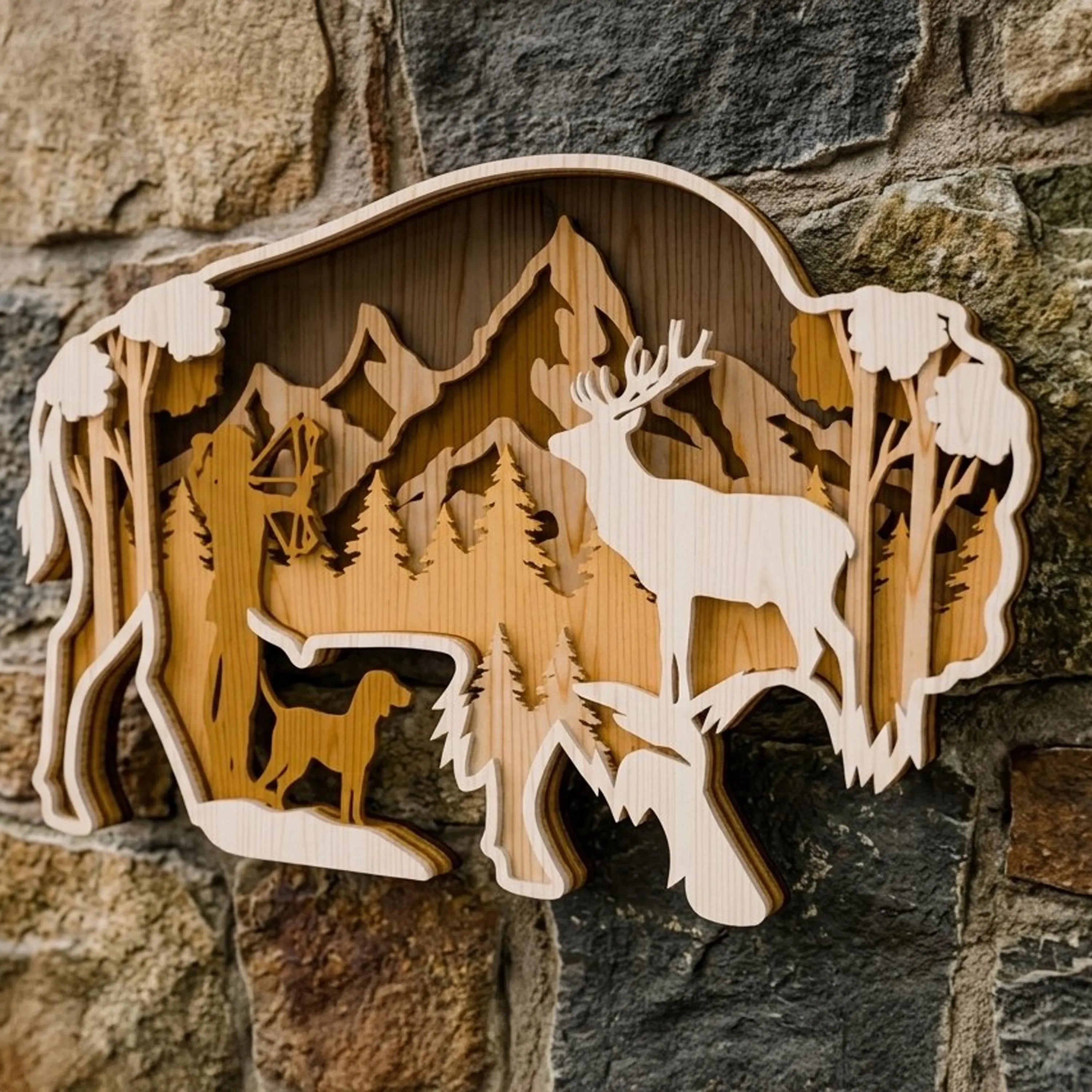 Bison Hunter Scene Laser Cut Files SVG Bundle, Multilayer 3D Buffalo Hunting Wall Art, Deer Dog Mountain Forest DXF CDR