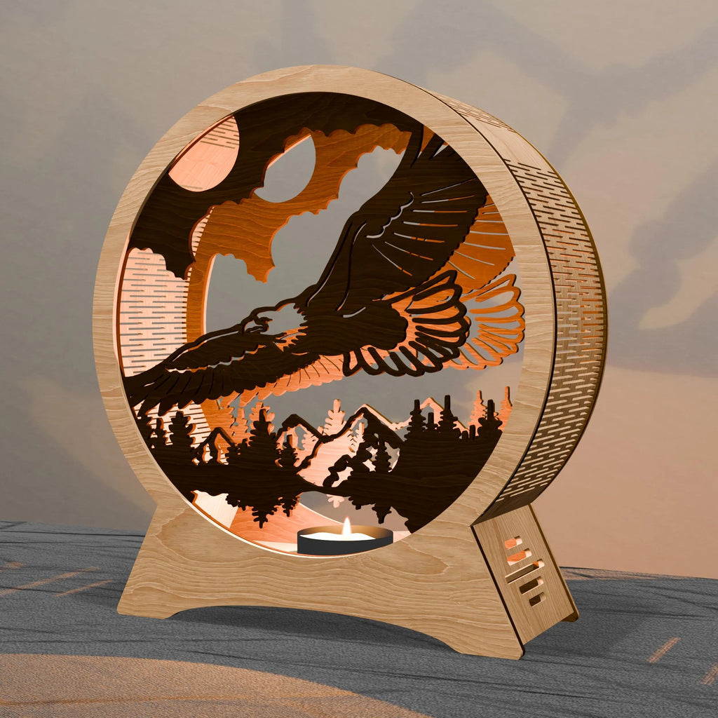 Eagle Mountain Multilayer 3D SVG Laser Cut File, Round Tealight Lantern Shadow Box, Bald Eagle Wildlife Light Box Digital Download