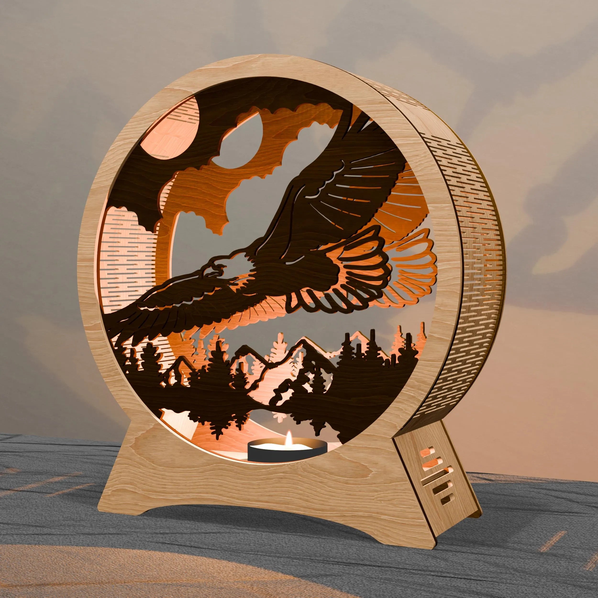 Eagle Mountain Multilayer 3D SVG Laser Cut File, Round Tealight Lantern Shadow Box, Bald Eagle Wildlife Light Box Digital Download