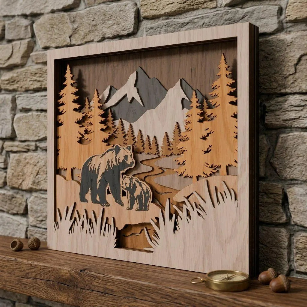 Bear Family Mountain Scene 3D Layered SVG, Multilayer Shadow Box Laser Cut File, Forest Wildlife Wall Art, Glowforge Cricut