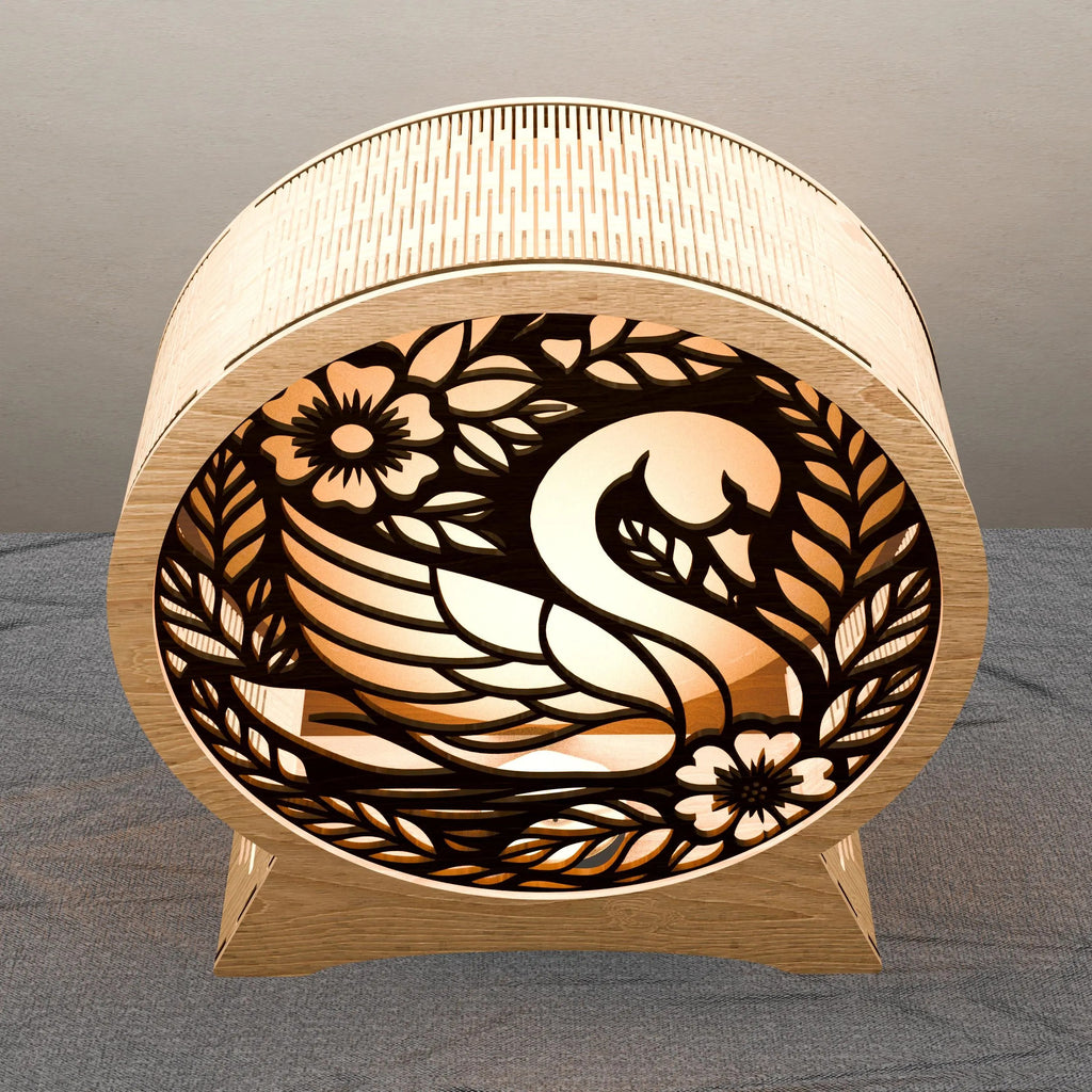 Swan Lamp SVG Laser Cut Files, 3D Round Wooden Night Light Template, Floral Swan Mandala Layered Cut File for Glowforge