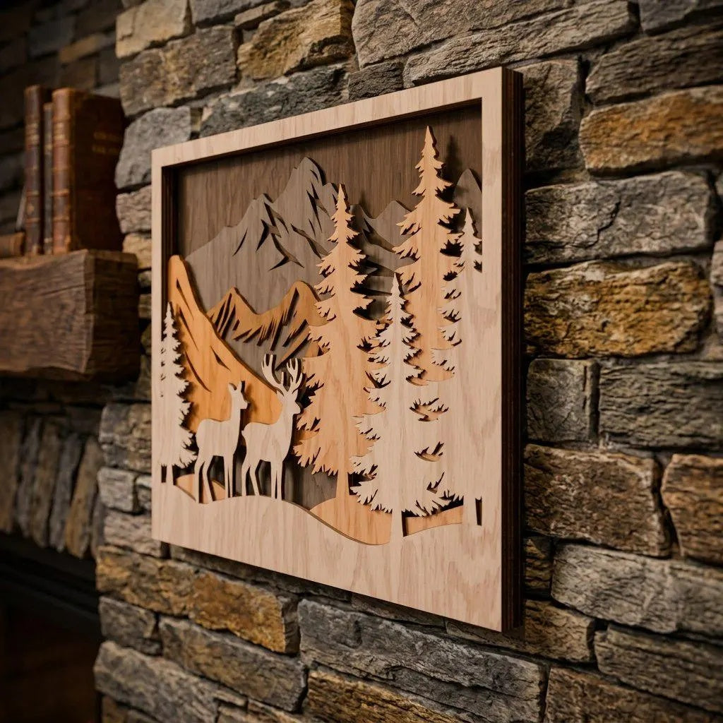 3D Deer Mountain Forest Shadow Box SVG Laser Cut File, Multilayer Wildlife Wall Art, Glowforge Cricut Cabin Decor Digital Download