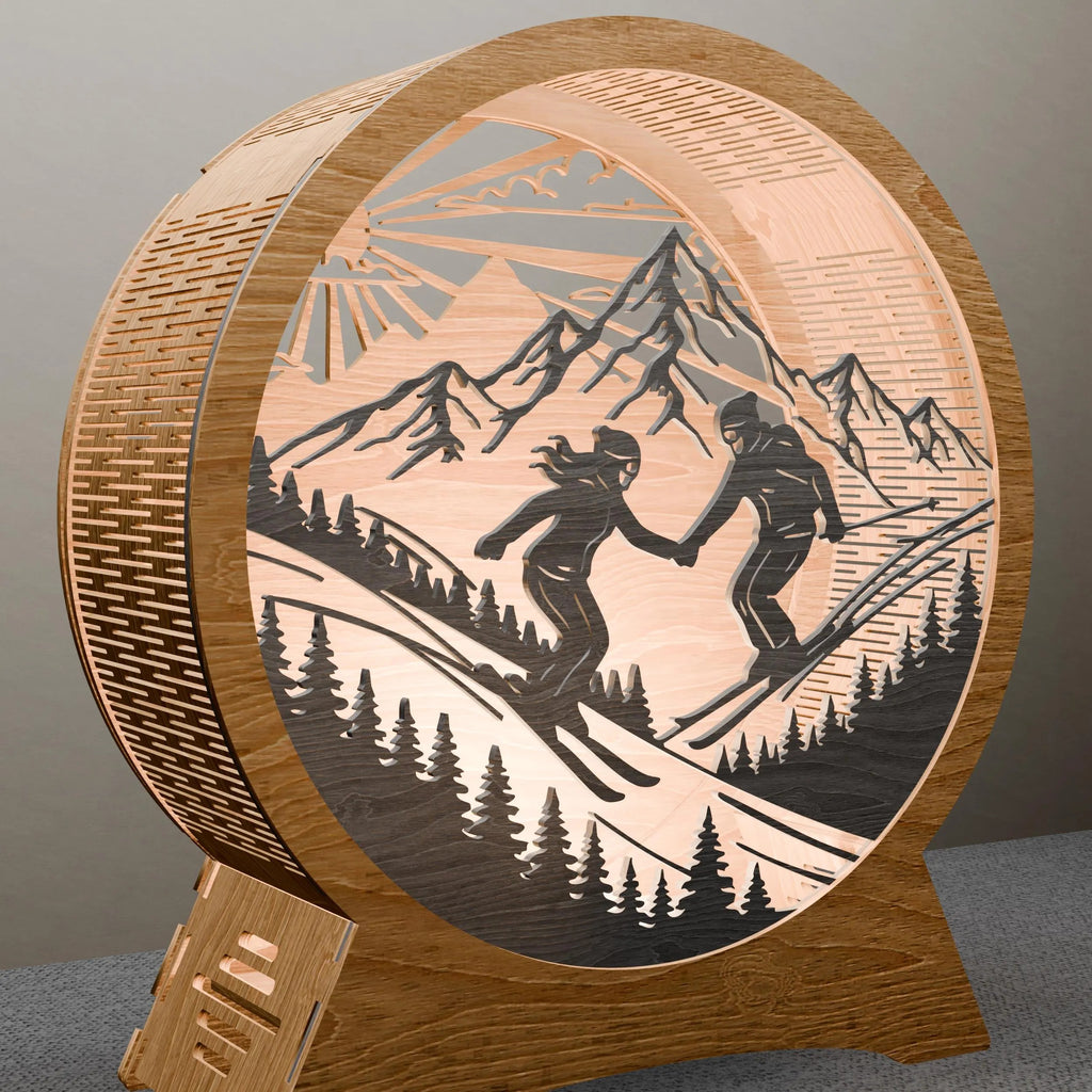 Skiing Couple Multilayer 3D SVG Laser Cut File, Mountain Ski Light Box Digital Download, Glowforge Wood Lamp Files