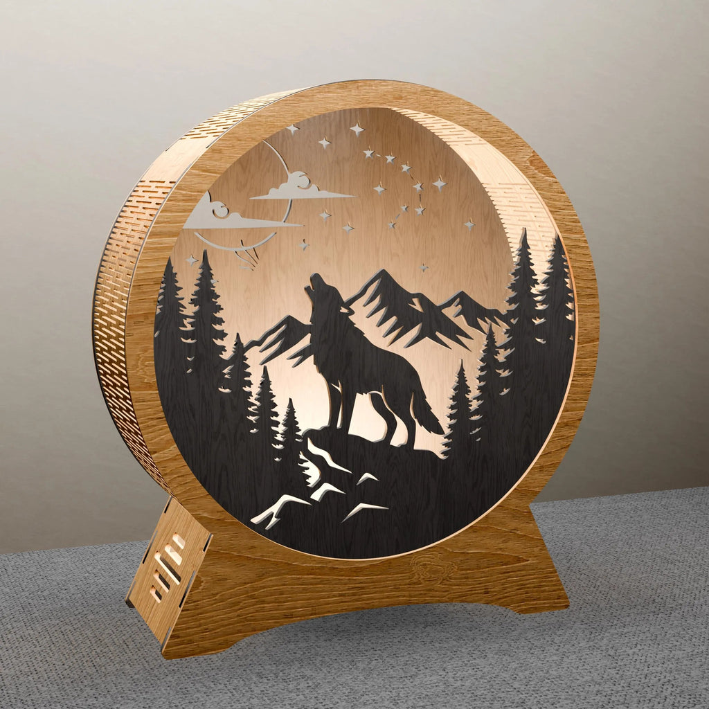 Howling Wolf Mountain Night Lamp SVG Laser Cut Files, 3D Round Wooden Light Box DXF, Forest Scene CNC Digital Download