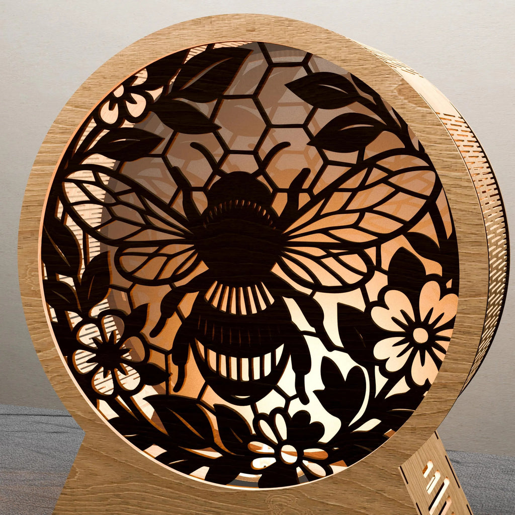 Bee Honeycomb Floral 3D Lamp SVG Laser Cut File, Round Bumblebee Night Light Digital Download, Glowforge Multilayer Vector