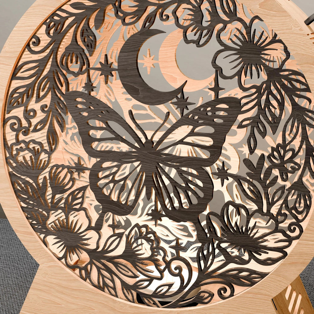 Butterfly Moon Lamp SVG Laser Cut File, Multilayer Mandala 3D Wooden Night Light, Floral Round Lamp Digital Download
