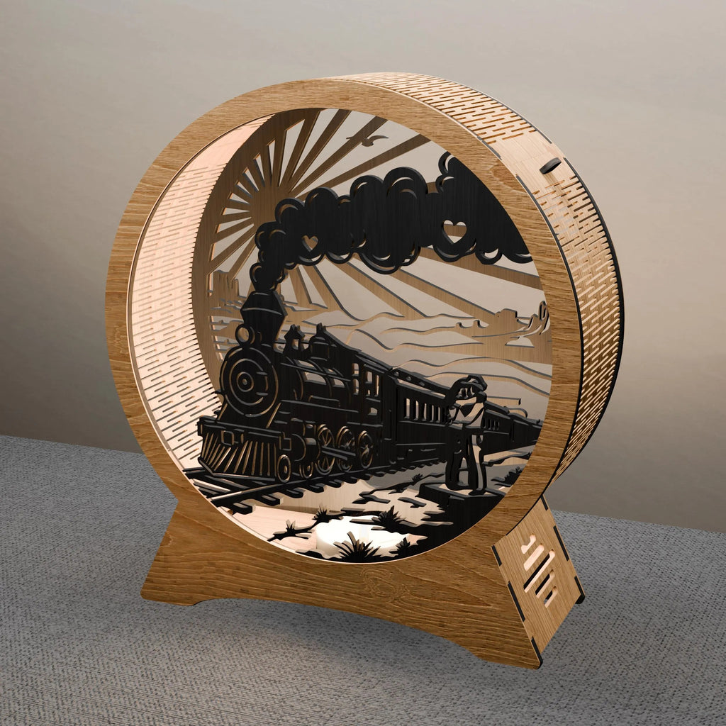 Steam Train Light Box SVG, Vintage Locomotive 3D Layered Lamp Laser Cut File, Multilayer Shadow Box Glowforge DXF Digital Download