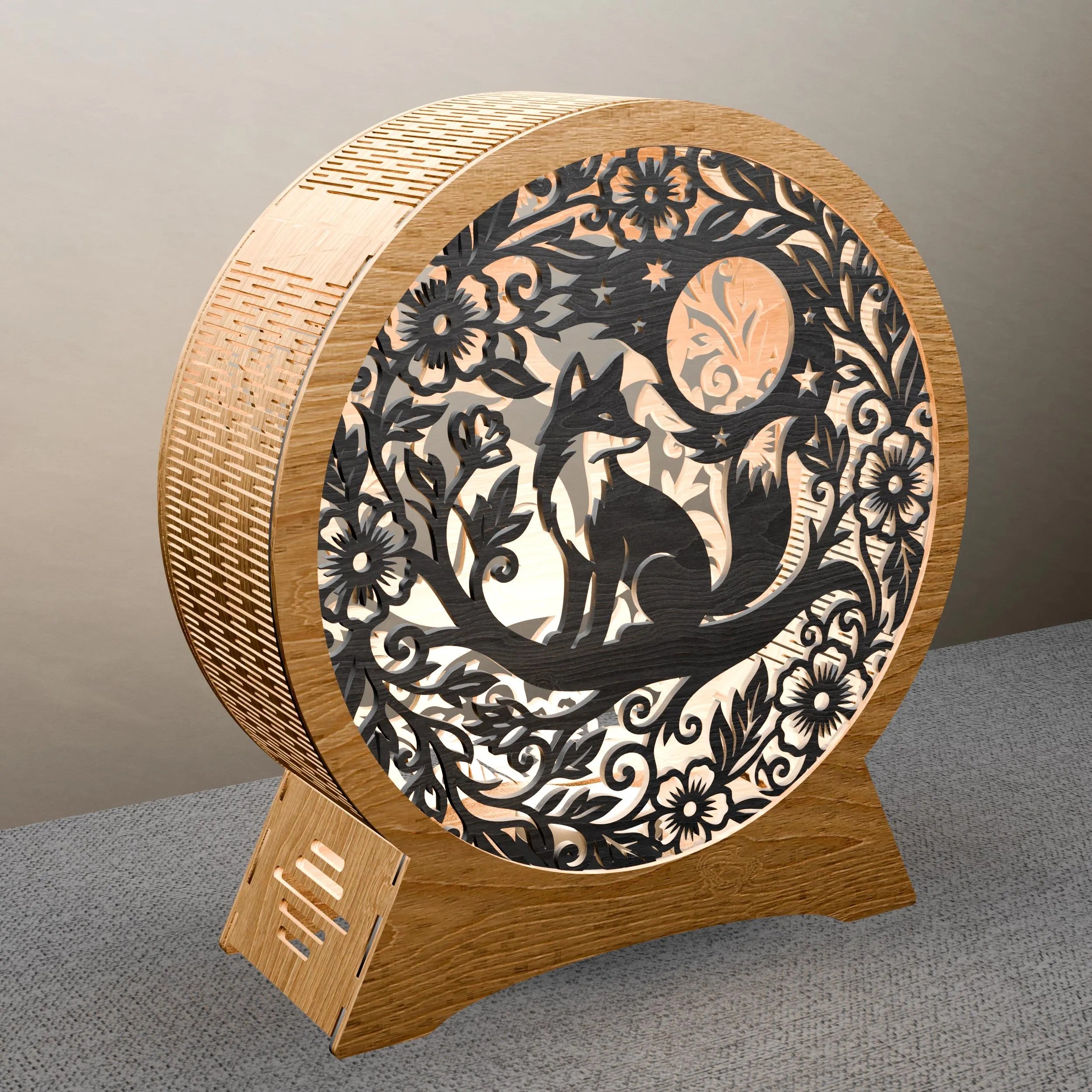 Fox Moon Multilayer Mandala SVG, 3D Layered Light Box Laser Cut Files, Floral Forest Shadow Box Lamp Digital Download