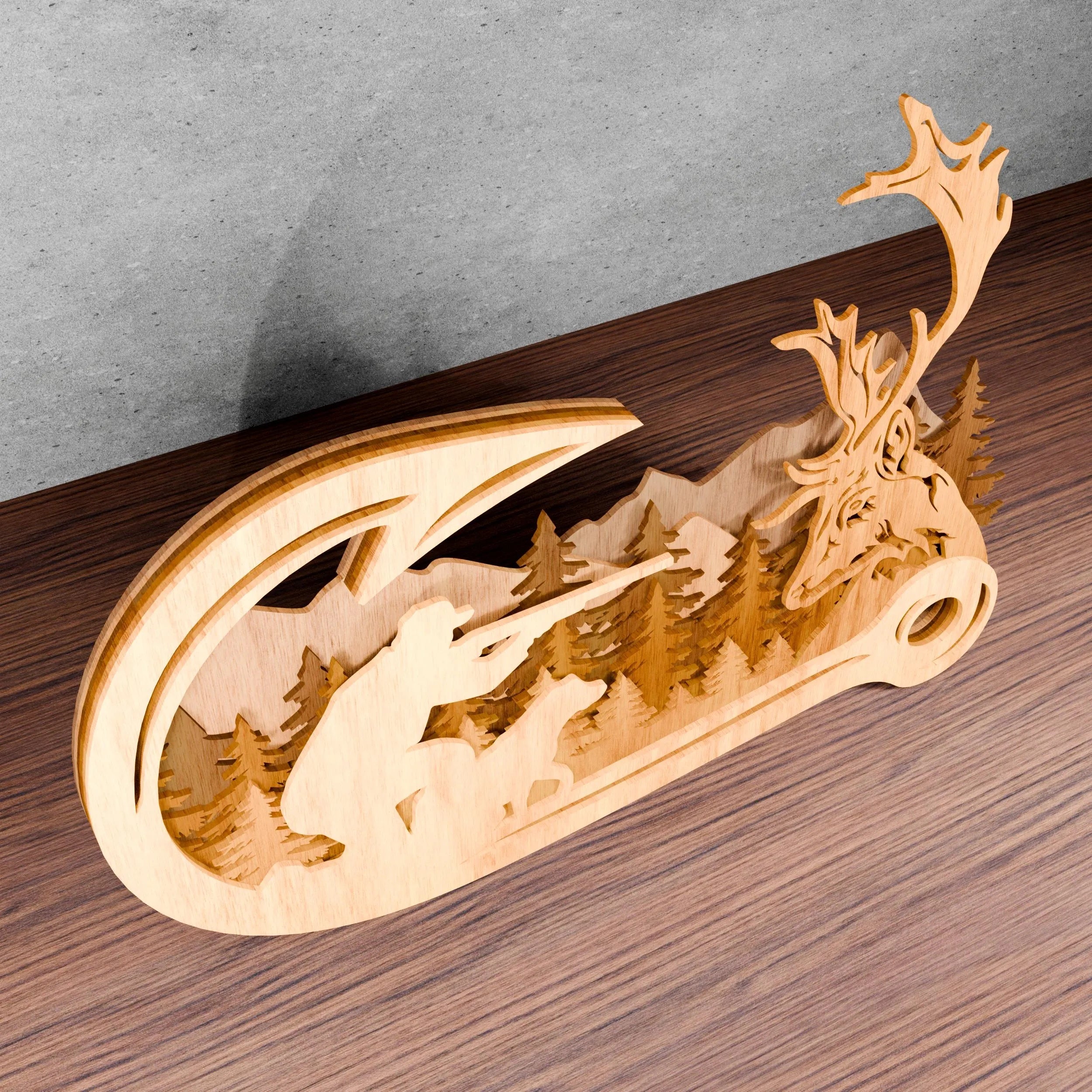 Deer Hunter Fishing Hook Multilayer SVG Laser Cut File, 3D Hunting Scene Wood Cut Pattern, Buck Forest Mountain Digital Download