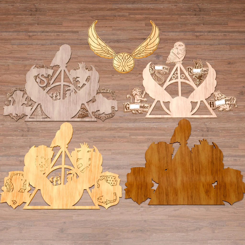 Magic Wizard Crest Multilayer SVG, Four Houses Owl & Flying Ball 3D Layered Wood Lamp, Glowforge Night Light Digital Download