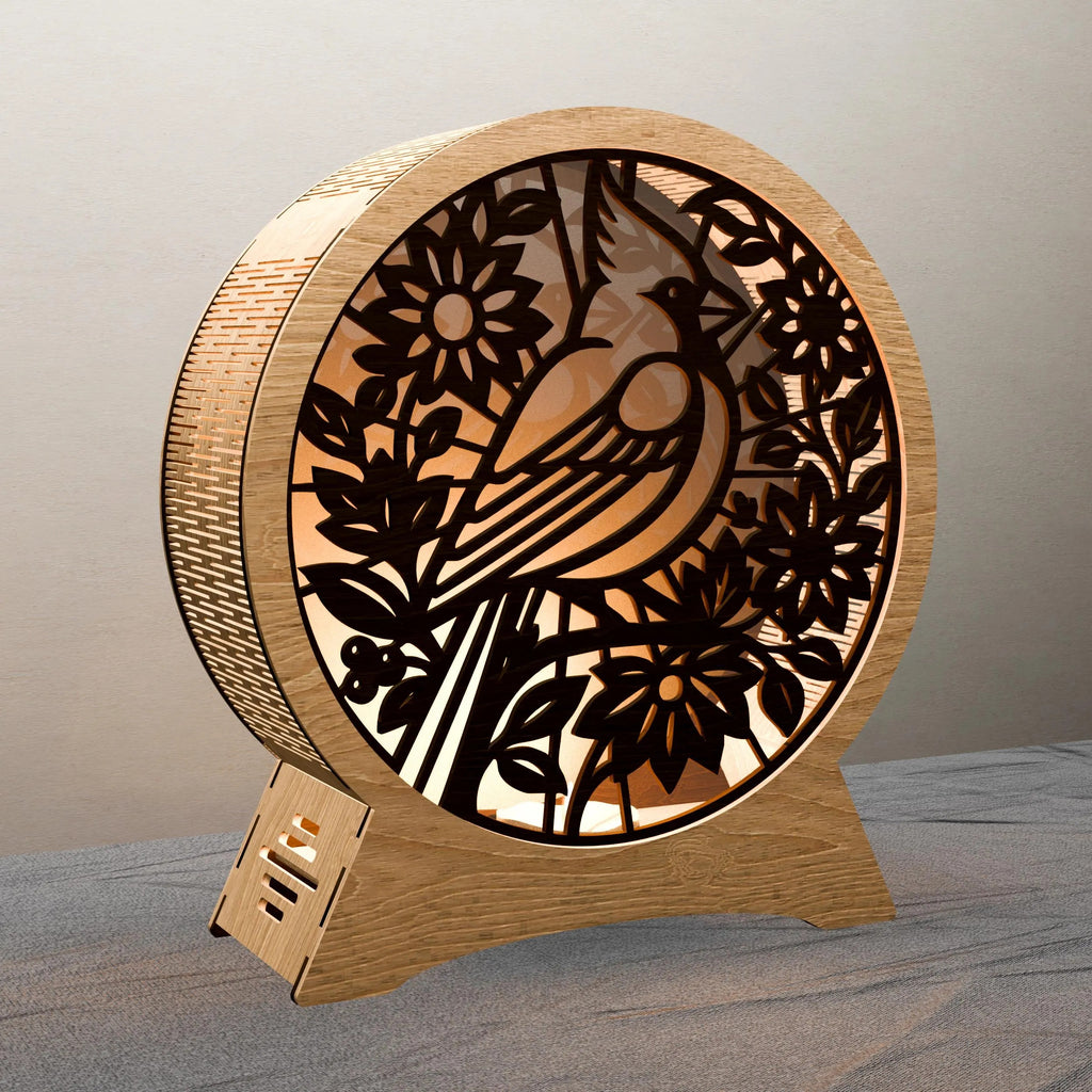 Cardinal Bird Round Lantern Laser Cut Files SVG DXF Wooden Night Light Floral Multilayer 3D Lamp Digital Download