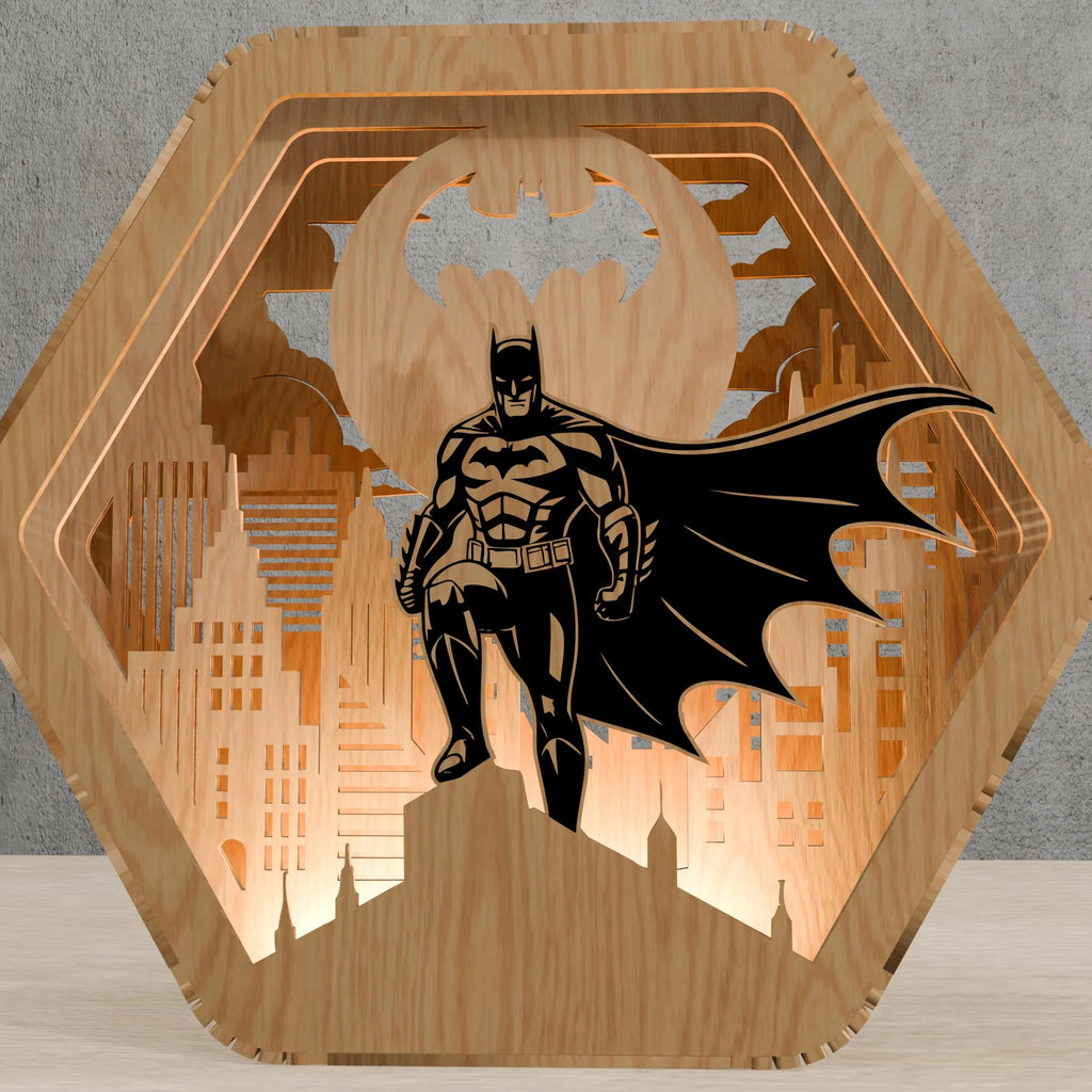 Dark Knight Hero Multilayer Laser Cut SVG, Caped Vigilante & City Skyline 3D Layered Wood Art, Glowforge Superhero Decor Digital Download