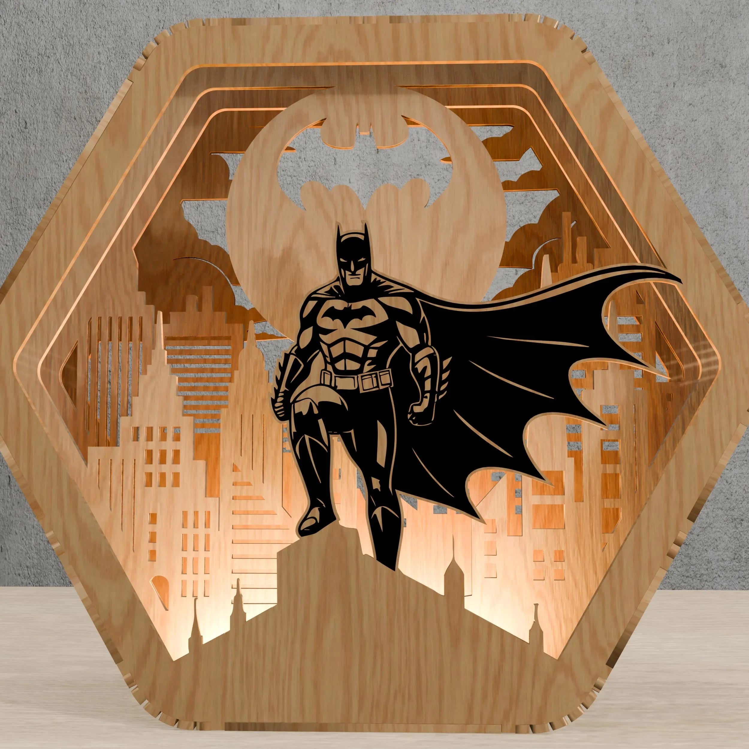 Dark Knight Hero Multilayer Laser Cut SVG, Caped Vigilante & City Skyline 3D Layered Wood Art, Glowforge Superhero Decor Digital Download