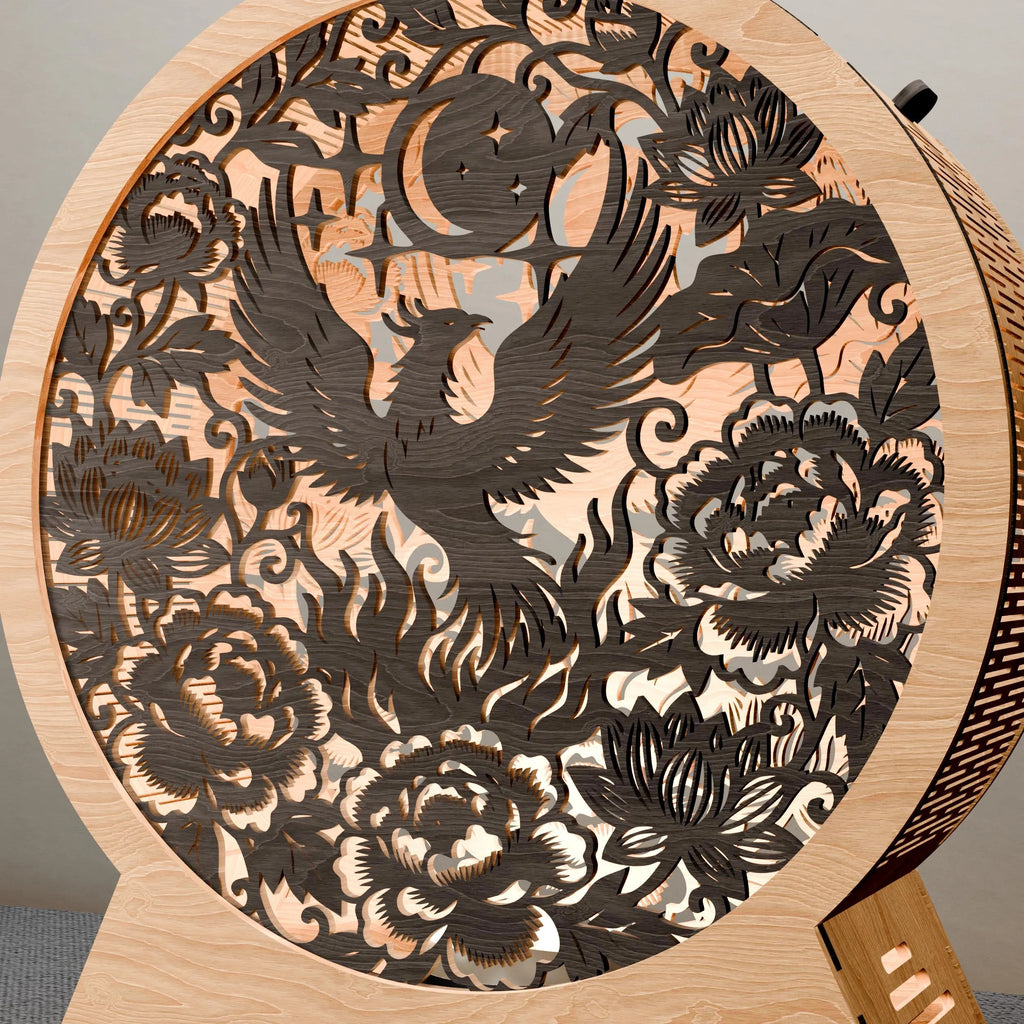 Phoenix Lamp SVG Laser Cut Files, Multilayer Mandala Night Light, Peony Lotus Moon 3D Wood Lantern Digital Download for Glowforge