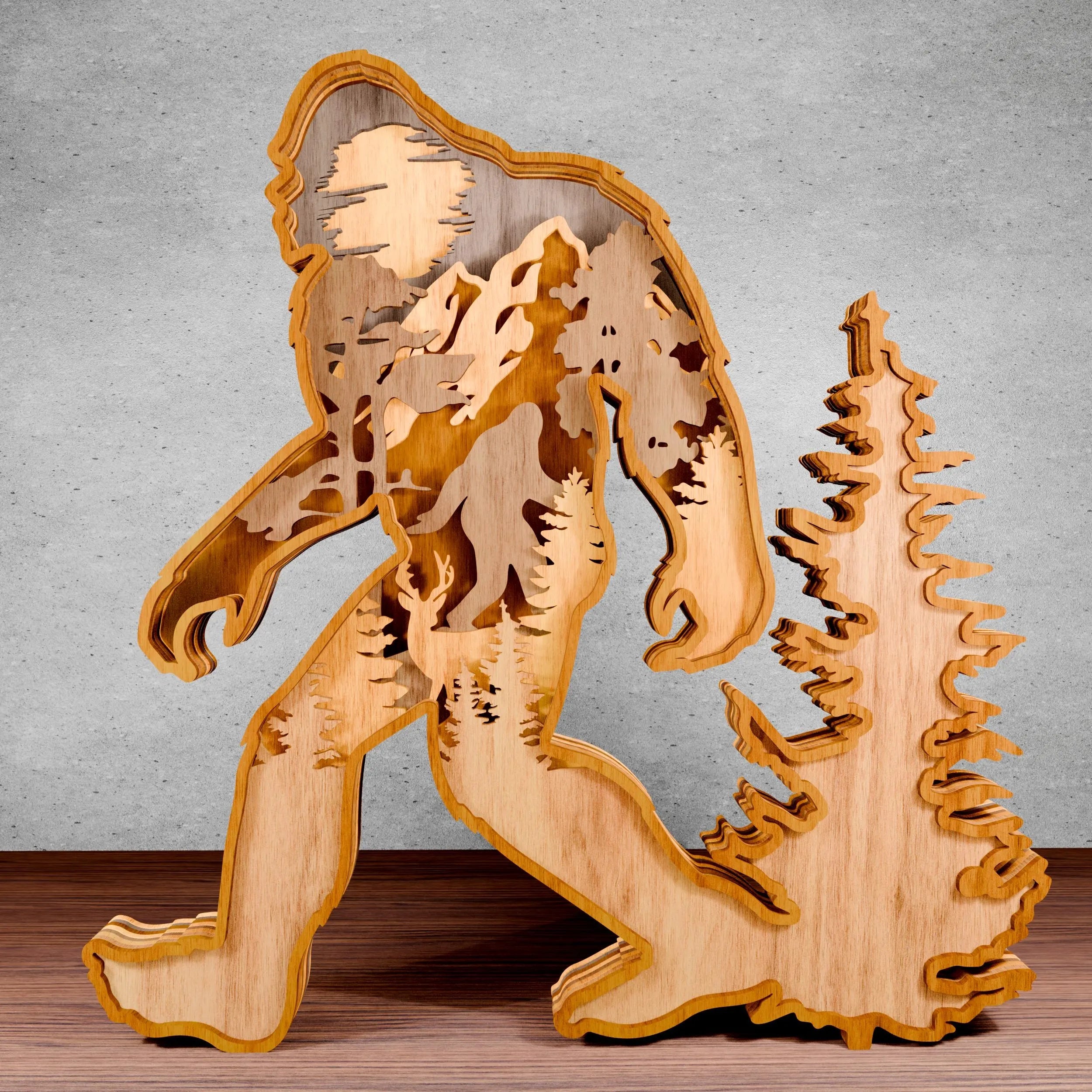 Bigfoot Multilayer Laser Cut SVG Files, Sasquatch Forest Scene 3D Layered Wood Cutting File, Glowforge Cricut Digital Download