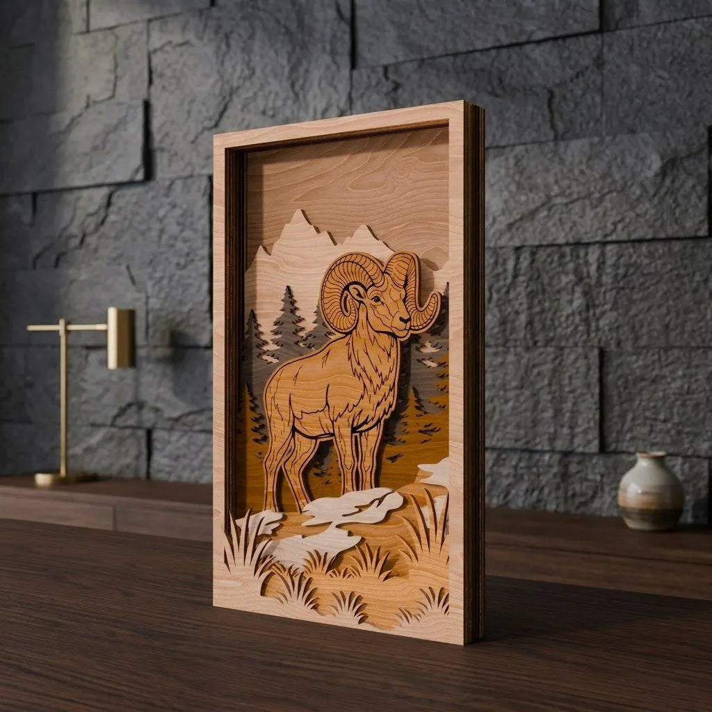 Bighorn Ram Multilayer SVG Laser Cut File, 3D Layered Mountain Wildlife Shadow Box, Glowforge Wall Art Digital Download