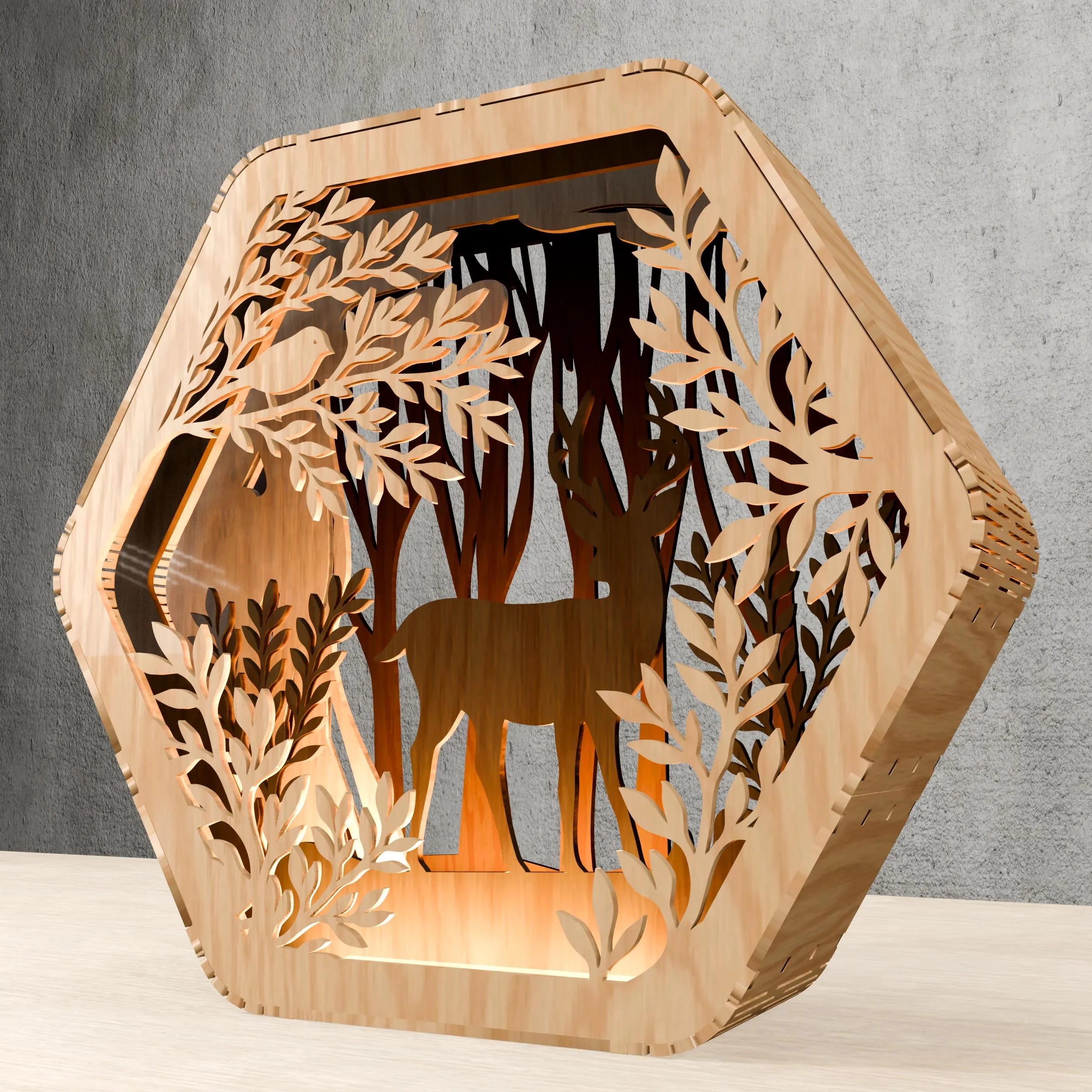 Hexagon Deer Forest Multilayer Laser Cut Files SVG, 3D Wooden Lantern Light Box Digital Download, CNC Glowforge Vector Pattern