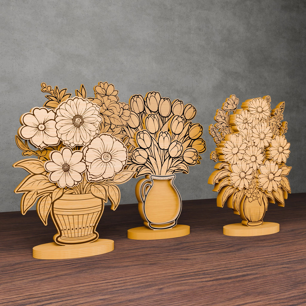 Flower Vase Bouquet Laser Cut SVG Bundle, Multilayer 3D Floral Centerpiece, Tulip Daisy Zinnia Files for Glowforge Cricut