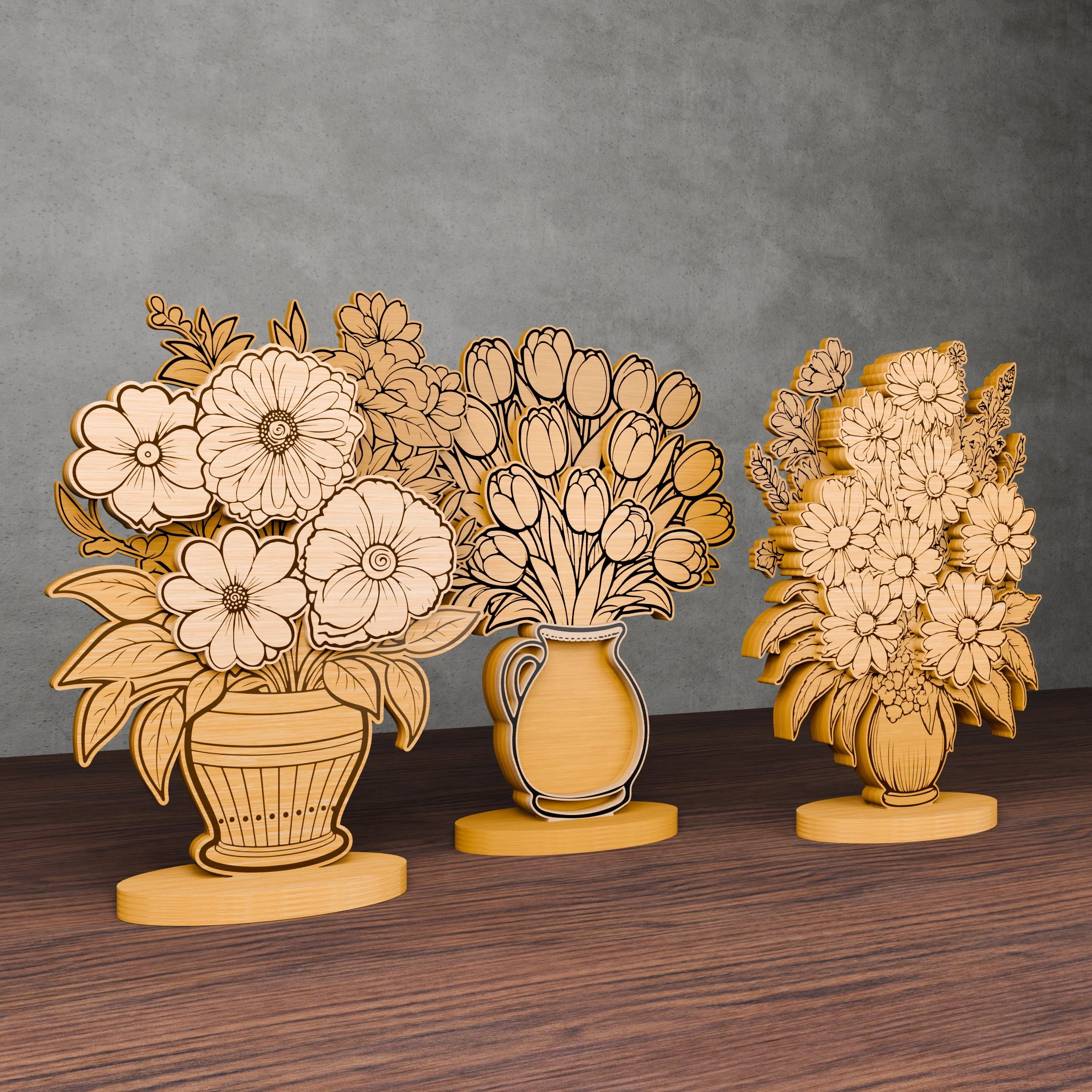 Flower Vase Bouquet Laser Cut SVG Bundle, Multilayer 3D Floral Centerpiece, Tulip Daisy Zinnia Files for Glowforge Cricut