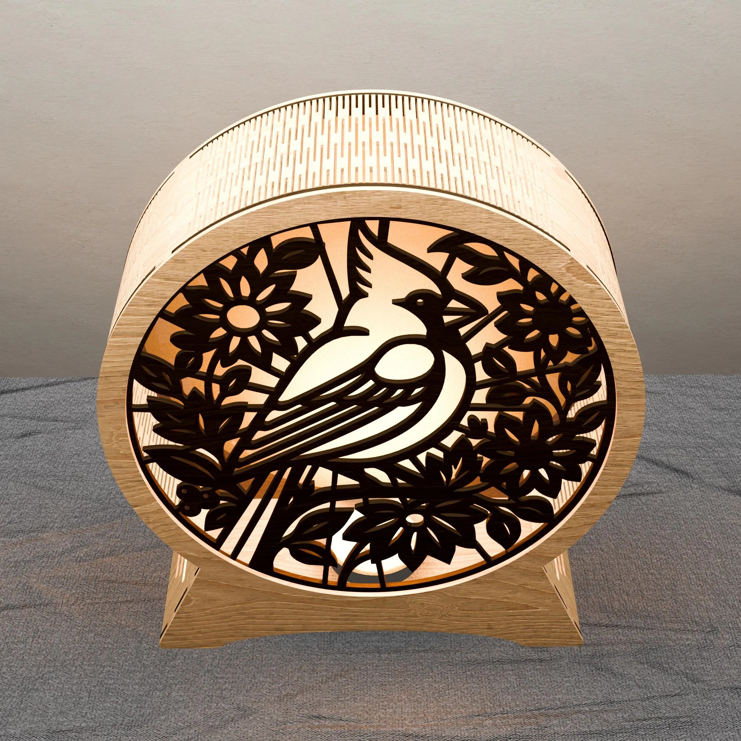 Cardinal Bird Round Lantern Laser Cut Files SVG DXF Wooden Night Light Floral Multilayer 3D Lamp Digital Download