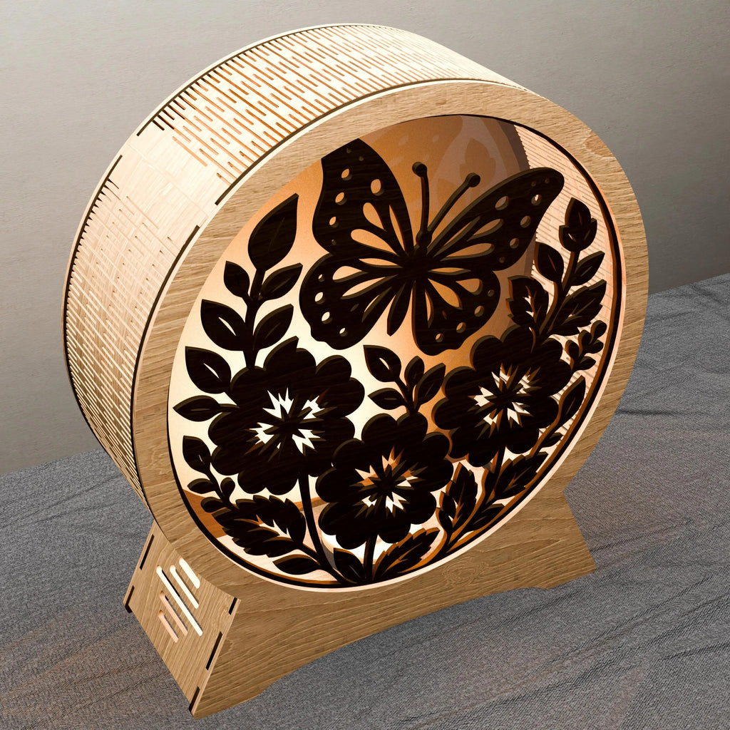 Butterfly Floral Round Light Box SVG Laser Cut File, 3D Layered Mandala Night Lamp, Glowforge Shadow Box Digital Download